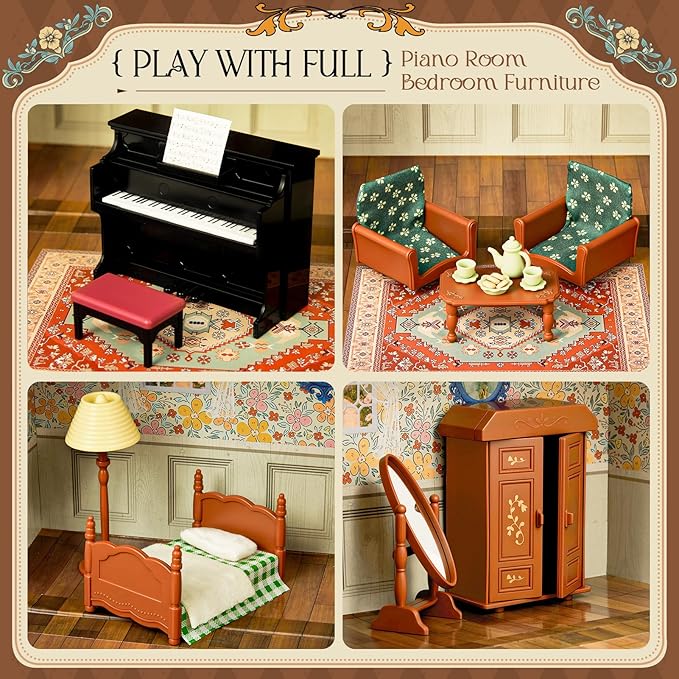 Dollhouse Bedroom Furniture Accessories Suitcase Set for Kids, 2 Flexible Dolls/Table/Bed/Bedclothes/Floor Lamp/Safety Mirror/Wardrobe/Piano/Stool, Pretend Play Christmas Birthday Gift for Girls 3+