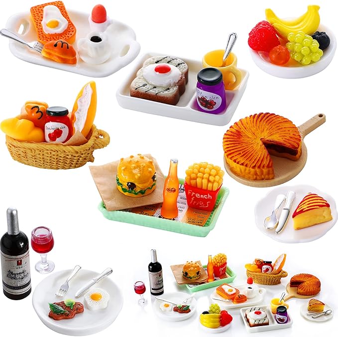 38 Pcs Miniature Food Toy Miniature Doll House Accessories Miniatures Play Sets Small Doll Food Dollhouse Foods, Hamburger Fries Soda Milk Juice Fast Foods Set for Pretend Kitchen(Novel Style)