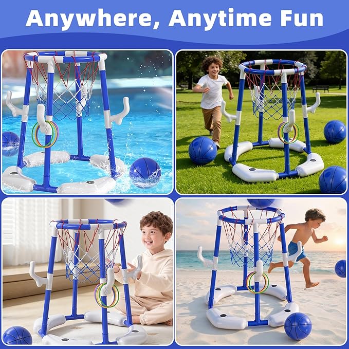 Pool Basketball Hoop for Kids 4-8 & 8-12 Years Old - 2-in-1 Floating & Above Ground Water Game with 4 Balls, 12 Rings & Pump, Outdoor Play Swimming Pool Toy for Adult Summer Party