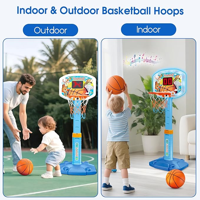 Toddler Basketball Hoop Indoor for Age 1-3, Kids Basketball Hoop with Led Light Scoreboard, Adjustable Basketball Goal with 3 Balls, Outdoor Sport Toy for 1 2 3 4 Year Old Baby Boy Girl Birthday Gift