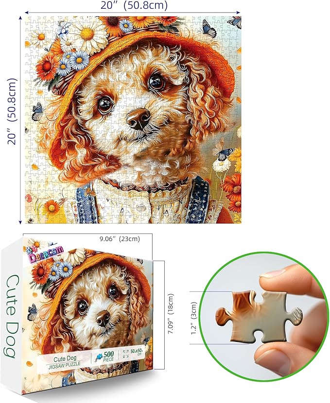 500 Piece Jigsaw Puzzle for Adults, Whimsical Poodle with Floral Hat & Butterflies, Vibrant Art Jigsaw Puzzle, Premium Cardboard, for Puzzle Enthusiasts and Home Decor