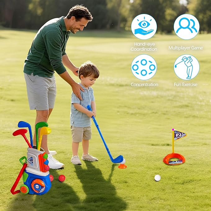 PJG Toddler Golf Set, Plastic Kids Golf Clubs Ages 1 2 3 4 5 Years Old with 4 Golf Clubs and 10 Balls, Indoor and Outdoor Golf Toys with Cart for Toddlers Boys and Girls Birthday Gift (Blue)