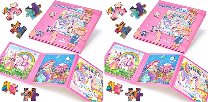 LovesTown Magnetic Puzzles for Toddlers, Educational 3-in-1 Fairytale Travel Puzzle Book, Learning Magnets for Kids, 48 PCS (Pack of 2)