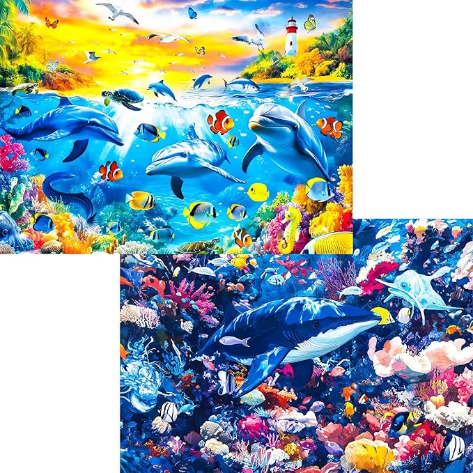 PixloraJigsaw Puzzles for Adults 1000 Pieces - 2-Pack Dolphin Sunset & Deep Sea Puzzle, Puzzle 1000 Pieces, Difficult Jigsaw Puzzles, Vibrant Ocean Art Gift