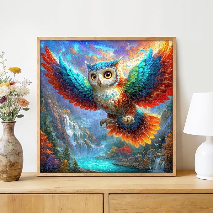 Rainbow Owl Waterfall 1000 Piece Puzzle for Adults - Fantasy Wildlife Art, Enchanted Forest Scene, Poster & Lettered Back, 22.8" Square HD, Gift for Nature & Fantasy Lovers