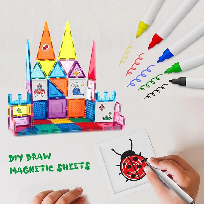 PicassoTiles Mega Magnetic Building Block 350 Piece Set Magnet Tile Construction Blocks with Car Base, Character Figures, Markers, Whiteboard, 110+ Page Ideabook Included for Ages 3 Up STEM Learning