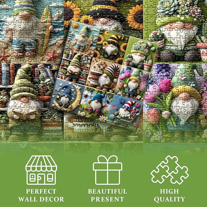 PICKFORU Funny Gnome Puzzles for Adults 1000 Pieces,Cute Gnome Puzzle Features Flower Sunflower Cactus Succulents Book Beach, Colorful Collage Challenge Jigsaw Puzzle Wool Felt Style