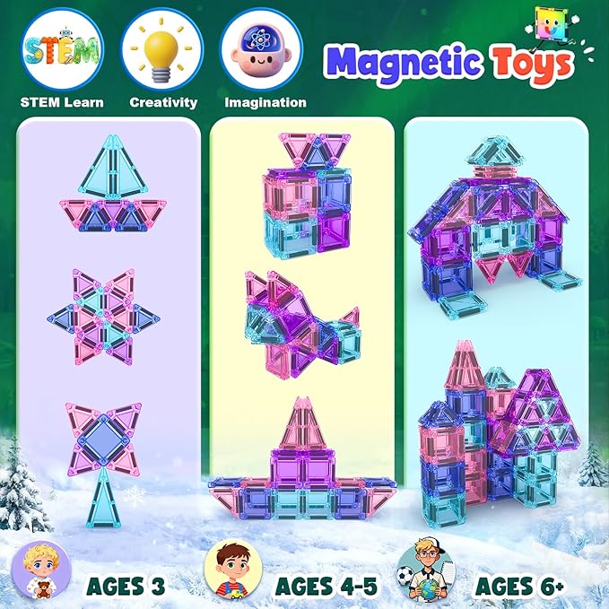 Soyee Magnetic Tiles Toddler Toys Travel Essential Games Magnet Building Blocks STEM Sensory Educational Toys for 3 4 5 6 7 8+ Year Old Boys Girls Christmas Birthday Gifts