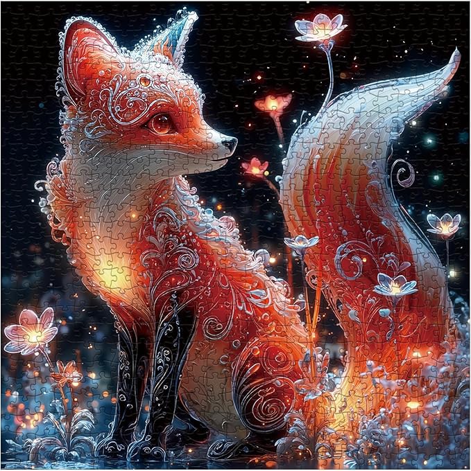 Fantasy Fox Flower Puzzles for Adults 1000 Pieces, Cute Red Animal Jigsaw Puzzle, Challenging Impossible Magic Art Puzzles