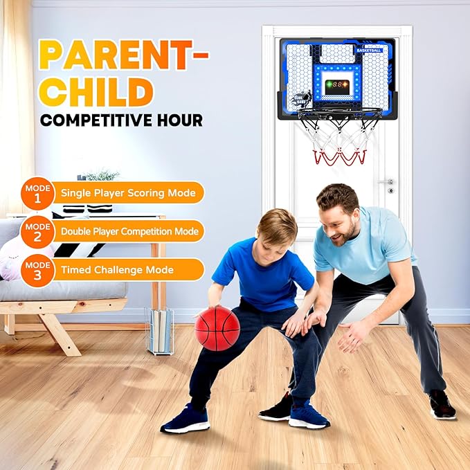 Indoor Basketball Hoop Pro for Kids, Over The Door Basketball Hoop with LED Light/Scoreboard/4 Balls- Upgraded Anti-Impact Backboard, Basketball Toys Gifts for 6 7 8 9 10 11 12 Year Old Boys