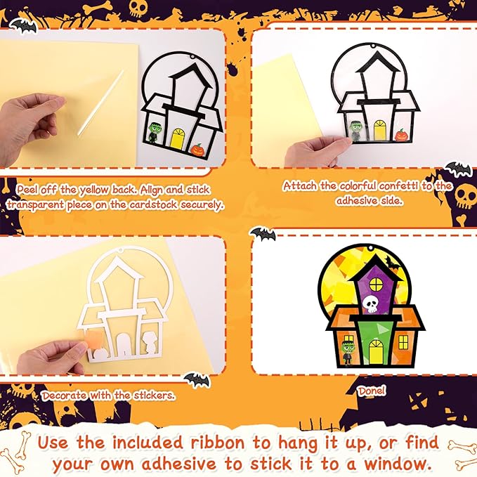 Renbuzhu 36PCS Halloweens Crafts Bulk: Haunted House Paper Suncatchers DIY Kit Party Activities Decorations, Window Stained Glass Effect Art Supplies