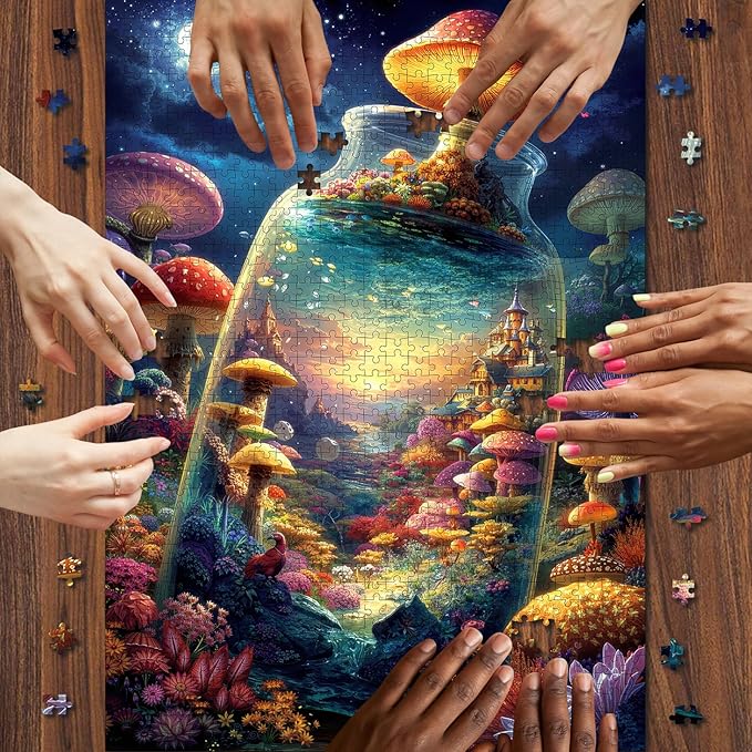 Magical Bottle World 1000 Piece Puzzle for Adults - Fantasy Mushroom Castle & Moonlit Night Art, Lettered Backing, 20"x28" HD, Premium Gift for Fantasy & Nature Lovers