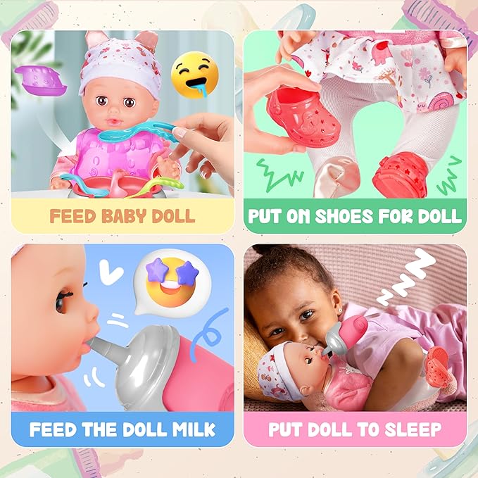 Toy Choi's Baby Doll with Baby Backpack Care PlaySet, 14'' Dolls with Accessories Includes Feeding Set, Pretend Play Toddler Toys for 3 4 5+ Years Old Girls Kids