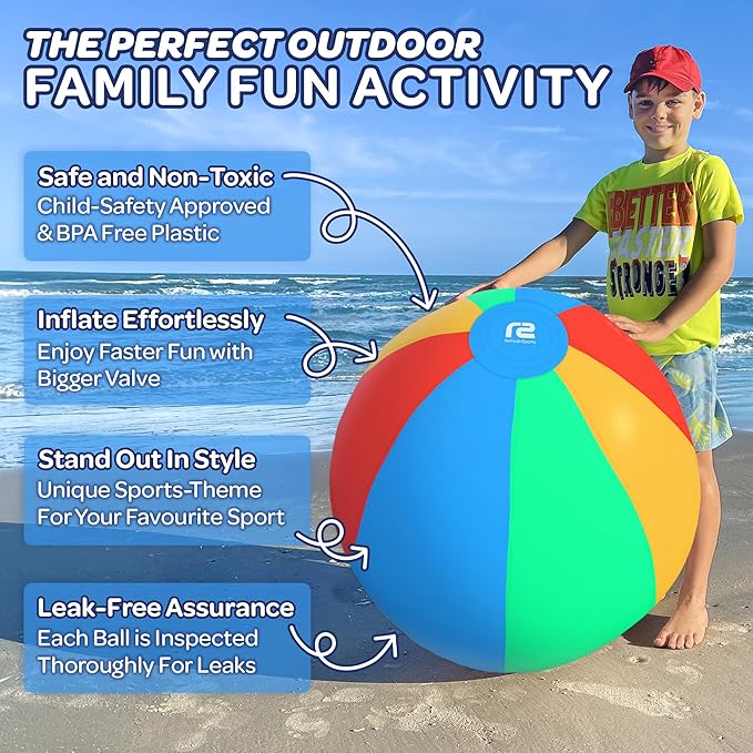 Large Beach Ball - New 8-Panel Design for Enhanced Durability and Ultra Round Shape - Best Big Beach Ball For Kids & Adults - 3X Thickness Material to Withstand Rough Play - Top Pool Party Hit of 2025