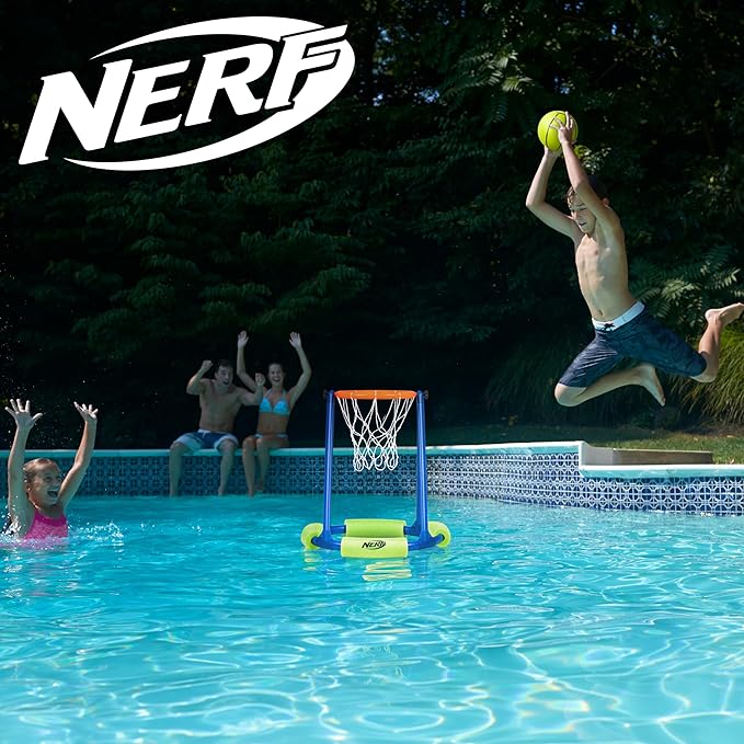 NERF Floating Pool Basketball Hoop + Football Target Net Set - Water Basketball + (2) Water Footballs Included - Floating Hoop + Target Goal for In-Pool + Poolside Play - Sports Toys for Kids
