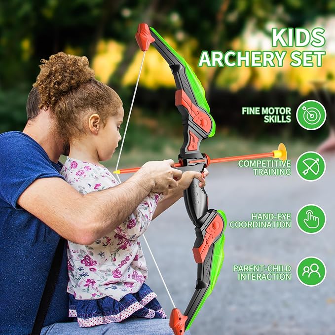TEMI Bow and Arrow Set for Kids with LED Lights-Archery Set with 10 Suction Cup Arrows, Quivers & Standing Target, Outdoor Toys for Kids Boys & Girls Ages 3-12 Years Old