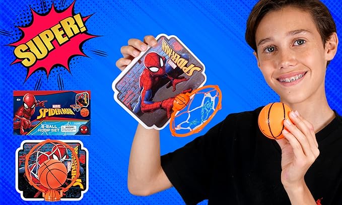 JA-RU Marvel Spiderman Mini Basketball Hoop (1 Unit) Self Adhesive Wall & Door Mount. Office or Bedroom Basketball Hoop with Ball for Kids. Indoor & Outdoor Sports Game. Spid-6822-1s