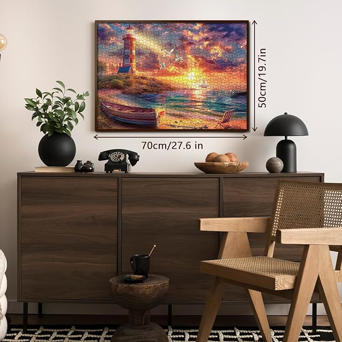 Beach Ocean Lighthouse Puzzle for Adults 1000 Pieces Nature, Summer Sunset Landscape Jigsaw Puzzle, Sailboat Scenery Puzzle