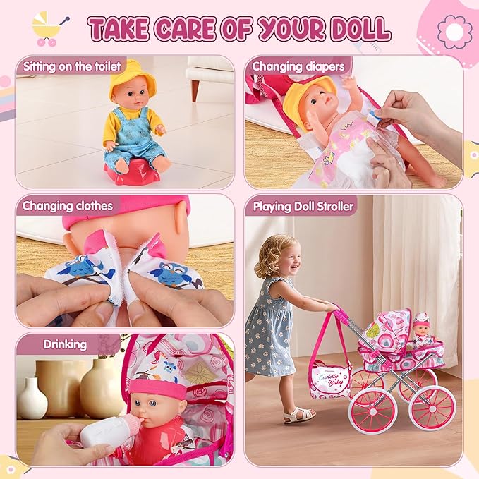 Baby Doll Stroller Toy Set with 12.5'' Doll, Diaper Changing, 2 Doll Clothes, Pacifier, Storage Bag, Baby Doll Accessories and Toy Baby Stroller for Girls Toddlers 3-5 4-6 5-7 Gifts for Pretend Play
