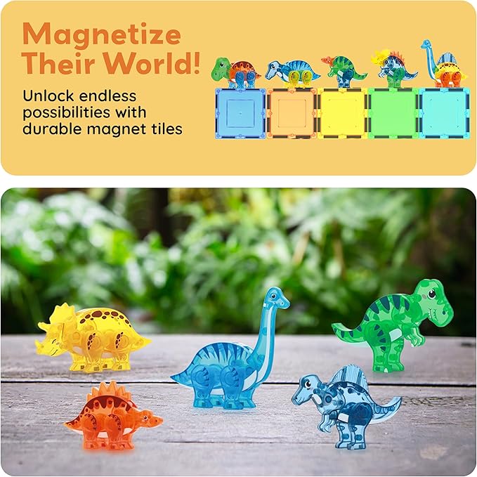 PicassoTiles Dinosaur Magnetic Tiles Accessory Set Mix and Match Dino Figure Parts for STEM Magnet Tile Construction Building Blocks Sets Creative Pretend Play Educational Toy for Kids Ages 3+ PTA28