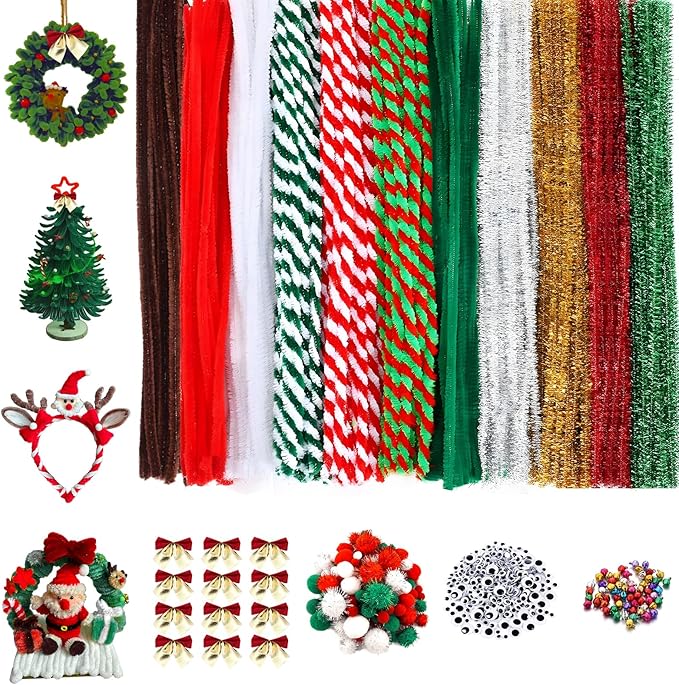 902 Pcs Christmas Pipe Cleaners Set Including 320 Pcs Pipe Cleaners 300 Pcs Pom Poms 150 Pcs Wiggle Googly Eyes Self Adhesive 120 Pcs Bells 12 Pcs Bows for Christmas Decoration DIY Art Supplies