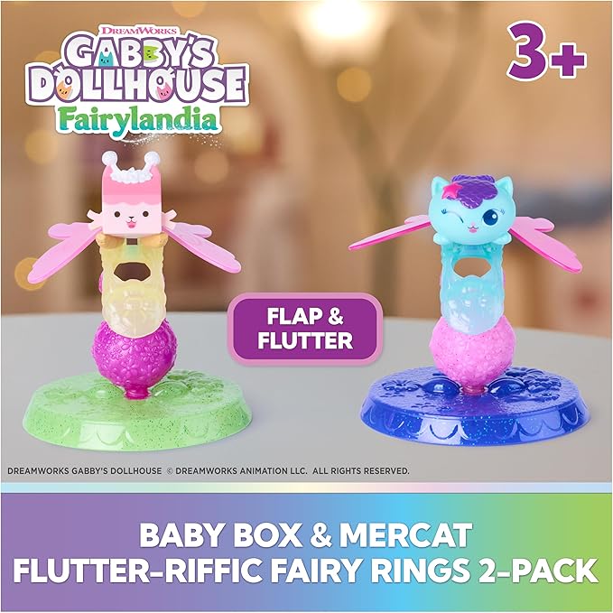 Gabby's Dollhouse Fairylandia, Baby Box & Mercat Flutter-riffic Fairy Rings 2-Pack with Display Stands, Kids Toys for Girls & Boys Ages 3 and Up