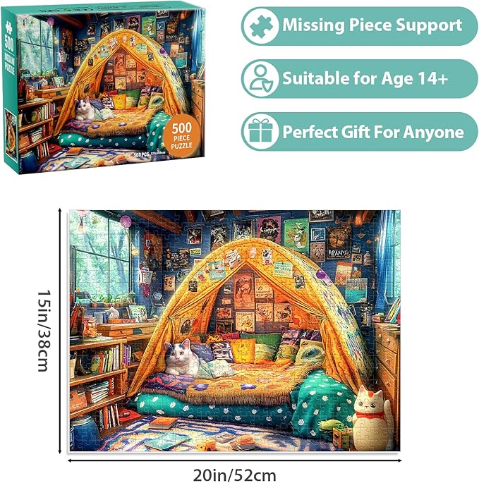 500 Piece Jigsaw Puzzle for Adults, Book Room Cat Puzzles 500 Piece for Adults Seniors- Challenging Puzzle Perfect for Game Nights - Fit Together Perfectly Finished Puzzles Size 20.5 x 15 Inch