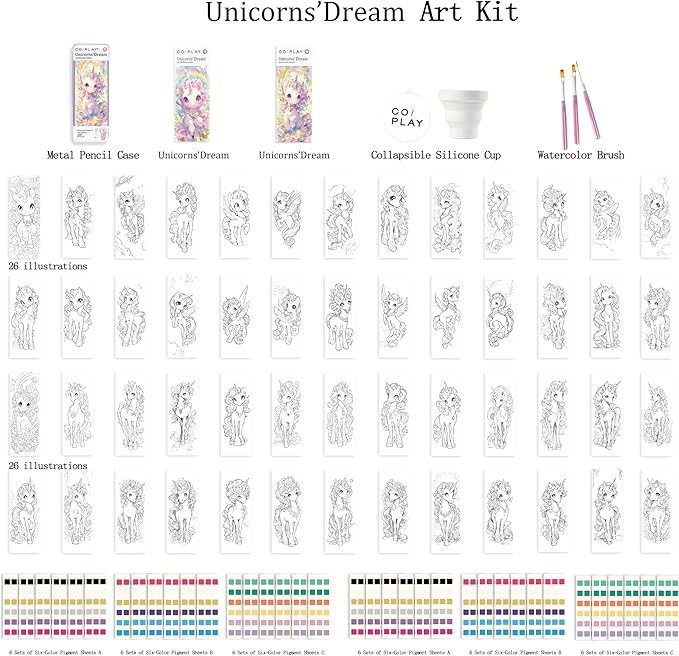 COIPLAY Unicorn 648 Color Blocks Watercolor Paint Set, 52-Bookmarks, 3 Brushes, Silicone Cup, for All Ages, Travel-Friendly,No Mess, All in One Art Supplies, Birthday Gift, Christmas Gift, Craft kit