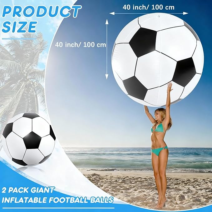 Lewtemi 2 Pcs 40 Inch Giant Inflatable Soccer Ball Large Huge Beach Balloons Oversized Football Sport Birthday Party Decoration Favor Gift Pool Supplies for Outdoor Piñata Activity