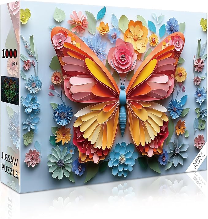 1000 Piece Puzzle for Adults Butterfly Noctilucous Jigsaw Puzzles - Challenging 3D Puzzles Stunning Flower Art Wall Decor, Gift for Adult Puzzle Lovers (27.5x19.6 Inch)