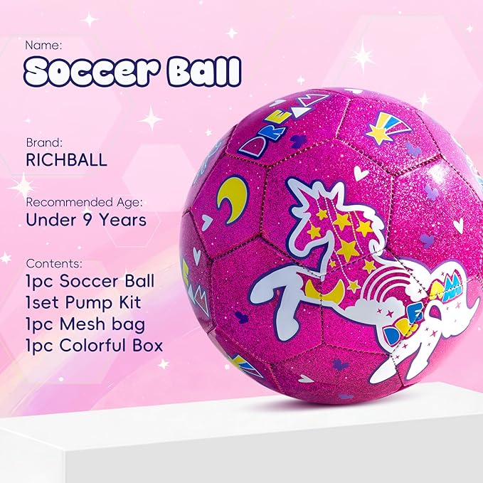 Richball Unicorn Soccer Ball, Toddler Soccer Ball Size 2/3, Outdoor Activity Toy for Kids Age 1-3 3-6, Christmas Birthday Gifts for Boys Girls Purple
