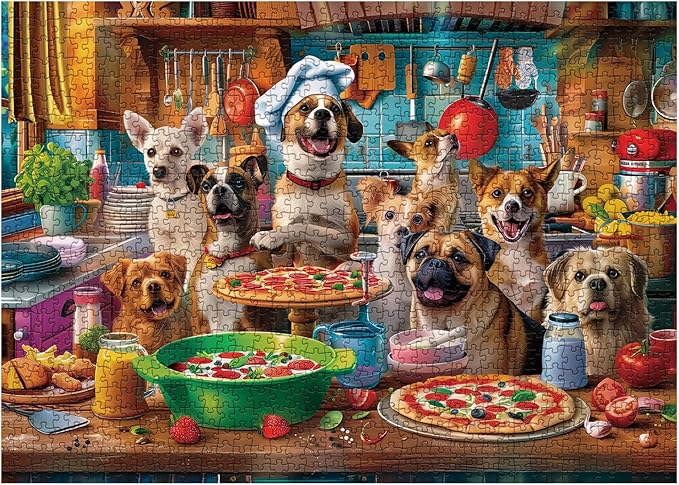 Dog Puppy Pizza Puzzles for Adults 1000 Pieces, Food Kitchen Jigsaw Puzzle, Animals Funny Puzzles