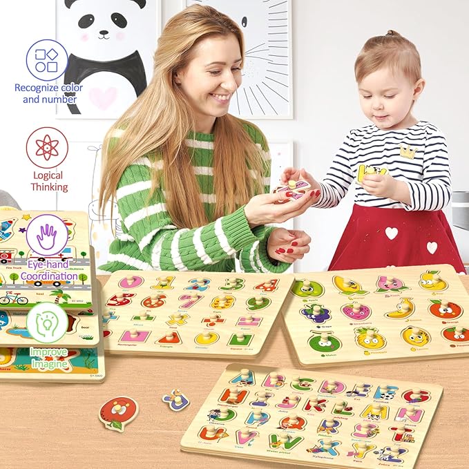Wooden Peg Puzzles for Toddlers 2-4, 6 Pack Educational Peg Puzzles Montessori Toys, Learning Puzzles for Kids Girs Boys 1-3 3-5 with Alphabet Number Animal Vehicle Shape