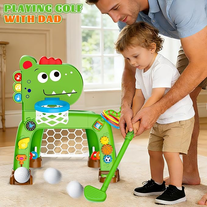 4-in-1 Toddler Basketball Hoop Soccer Goal with Golf Game and Ring Toss, Dinosaur Toys for 1 2 3 Year Old Babies Boys Girls, Kids Sports Toy with Light Sound Music, Xmas Birthday Gifts for Toddlers