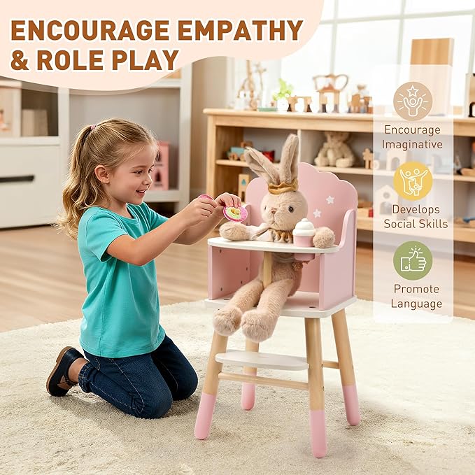 Pithfor Wooden Baby Doll High Chair, Doll Furniture, Fits Up to 18 inch Baby Dolls, 18 inch Doll Accessories - Pink