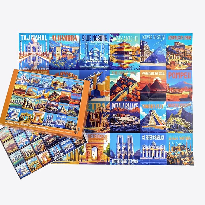 rokt&razo, World Heritage, 24 Mini Pack Jigsaw Puzzles, 1000 Pieces Daily Challenge Pack with Reference Poster, Advent Calendar, Family Game Nights, Finish Size 27.5 * 19.7 in (Index on The Back)