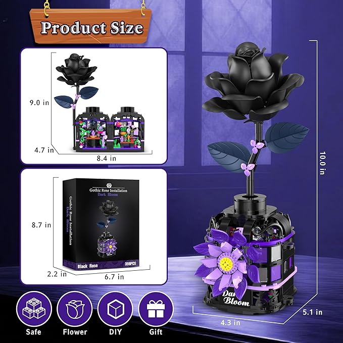 Gothic Black Roses Building Blocks Kit, Mysterious Dark Bloom with Vase Toy Building Sets for Boys Girls, 359 Pcs Artificial Flower Building Toys for Mom