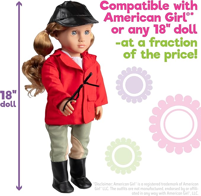 Dress Along Dolly 6pc Horseback Riding Outfit - 18" Doll Clothes & Accessories Compatible w American Girl- Equestrian Set Includes Hat, Shirt, Jacket, Pants, Boots, & Crop - Easter Basket Stuffer