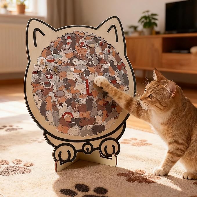 Cat Shaped Wooden Jigsaw Puzzle 135-Piece, Morandi Colors Animal Cats Decorative with Cats Outlines Framed and Acrylic Cover, Home Design Decor