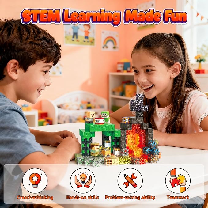 200PCS 0.8inch Magnetic Building Blocks STEM Toy for Kids 3+ Toddler Educational Construction Gift for Boys & Girls (Lava Cave-200pcs)