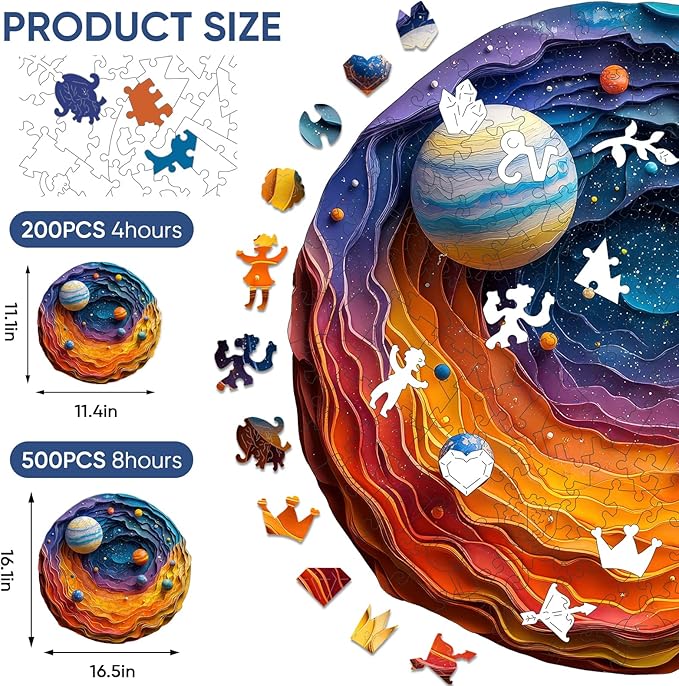 Mys Aurora Space Puzzles for Adults, 200 Piece Unique Shapes Solar System Wooden Puzzles, 3D Visual Effect Planet Jigsaw Puzzles, Family Puzzle Games Birthday Gift, 11.4 x 11.2 Inches