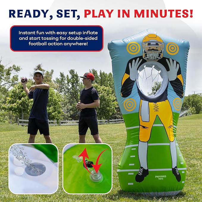 65” Inflatable Football Target Net Toss Game - Double-Sided Throwing Practice Football Stuff with Mini Balls - Backyard Tailgate Party Sports Toy for Kids & Adults