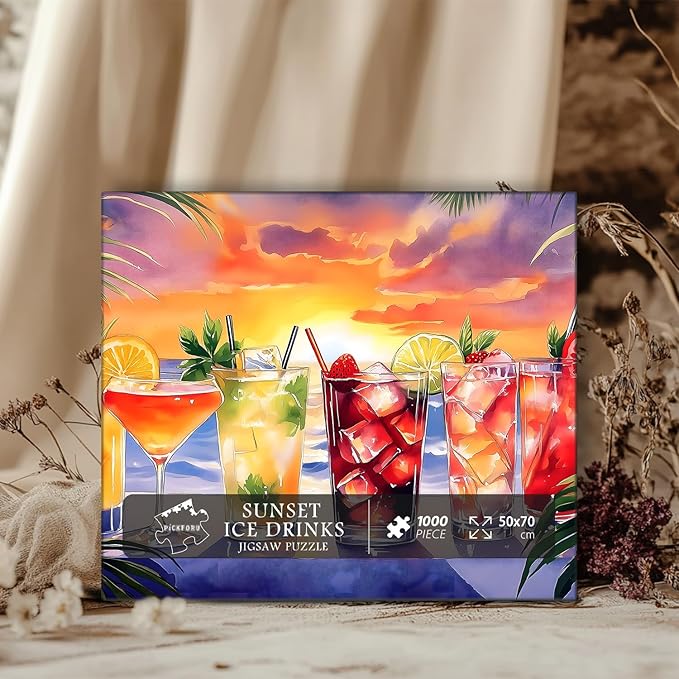 Summer Beach Puzzles for Adults 1000 Pieces, PICKFORU Colorful Seaside Holiday Jigsaw Puzzles Sunset Scene, Impossible Challenging Rainbow Drinks Theme as Home Decor