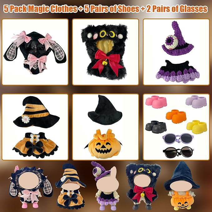 Ezcora 5 Sets Magical Fantasy Dress-Up Clothes for 17cm Dolls, Pumpkin, Witch, Bunny, Cat & Fantasy Outfits, 6.7-Inch Doll Accessories with Shoes and Glasses, Kawaii Idea (No Dolls)
