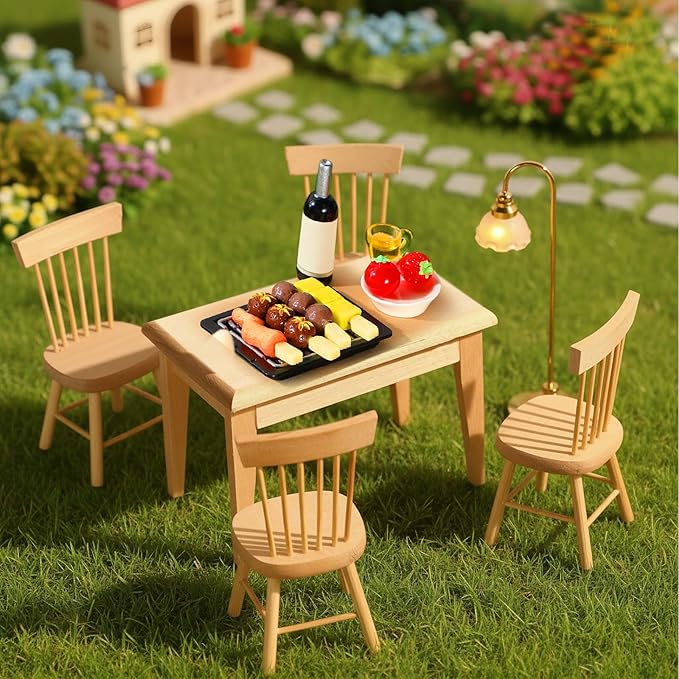 HyDren 74 Pcs 1:12 Scale Dollhouse Miniature Food with Wooden Dollhouse Furniture of Table and Chair, Mini Kitchen Accessories Sets Include Mini Milk Juice Knife Fork Spoon Dessert Cake BBQ