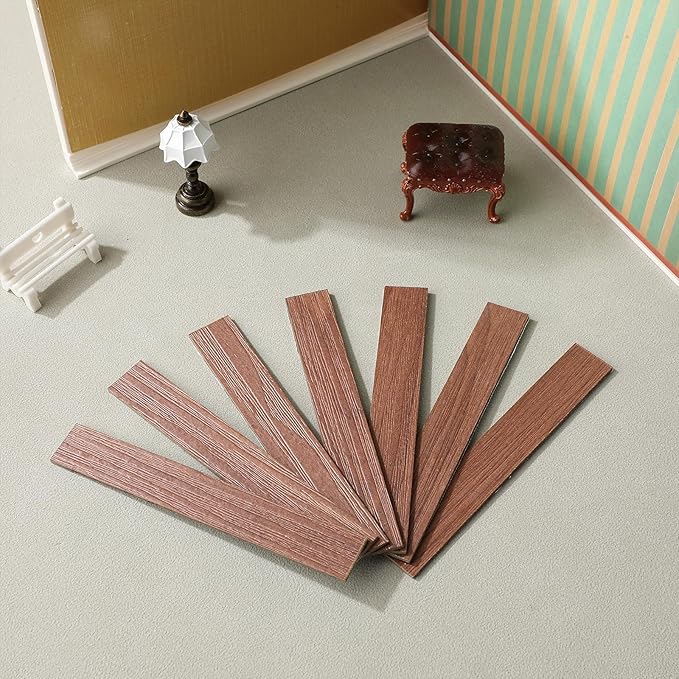 Toyvian 40 Pcs Miniature Dollhouse Flooring: Self Adhesive Floor Peel Boards Stickers, Mini DIY Flooring Wood Grain Tiles Doll House Accessories (Dark Brown)