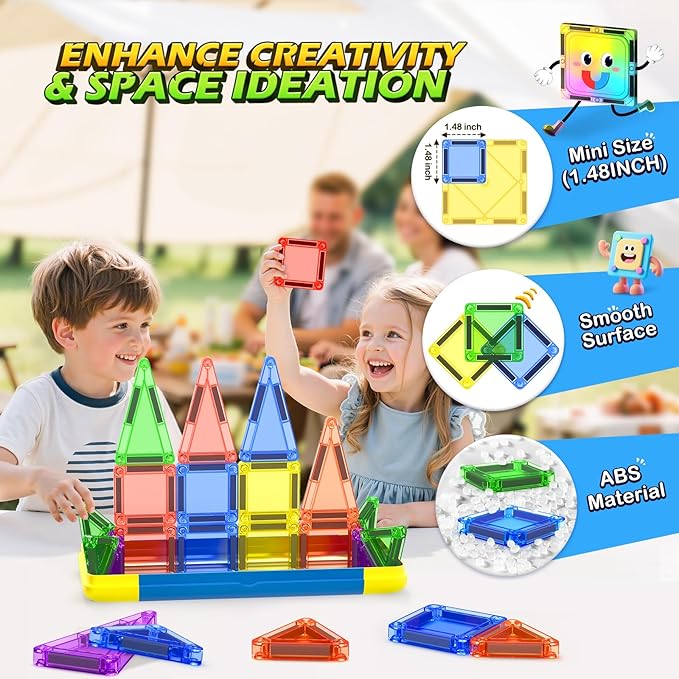 Soyee Mini Magnetic Tiles Travel Toddler Toys with Metal Tin Portable STEM Building Kids Toys for 3 4 5 6 7 8+ Years Old Boys & Girls & Birthday Gifts