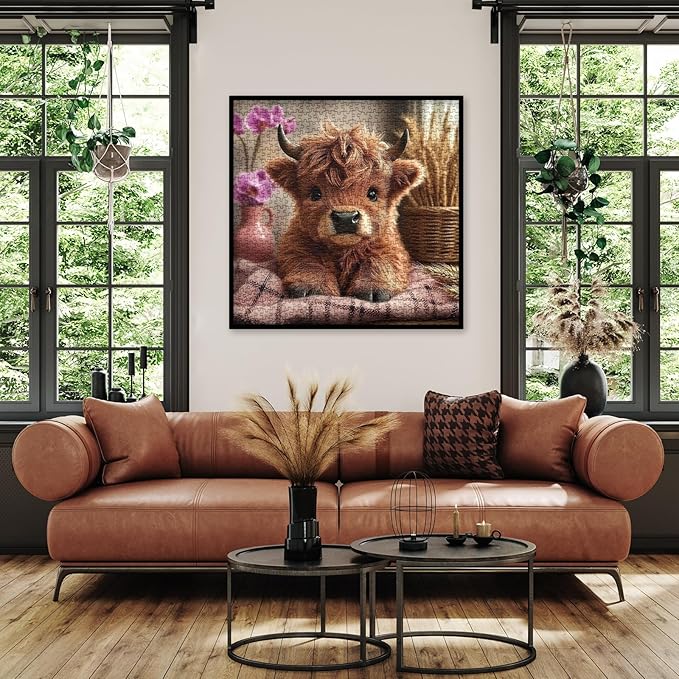 Cute Highland Cow Flower Puzzles for Adults 1000 Pieces, Funny Alpine Cattle Animal Jigsaw Puzzle, Impossible Difficult Art Puzzles