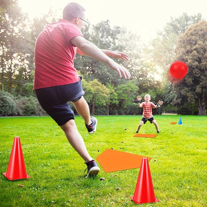 Jenaai 20 Pcs Sports Kickball Set, 3 10'' Playground Ball, 5 Rubber Throw Down Bases, Ball Pump, Net Bag, 10 Foul Line Cones, Kickball All in One Kit for Kids Adults Playground Backyard Game (Red)