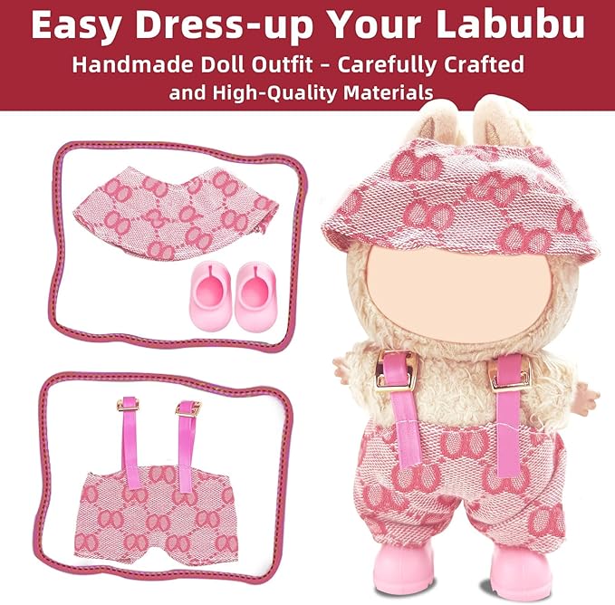 Clothes for Labubu 17cm Doll (NO Doll), 3 Piece Labubu Clothes Set, Cute Labubu Outfits with Accessories, Handmade Crochet La Bubu Doll Dress Up Set（Upstart Set）